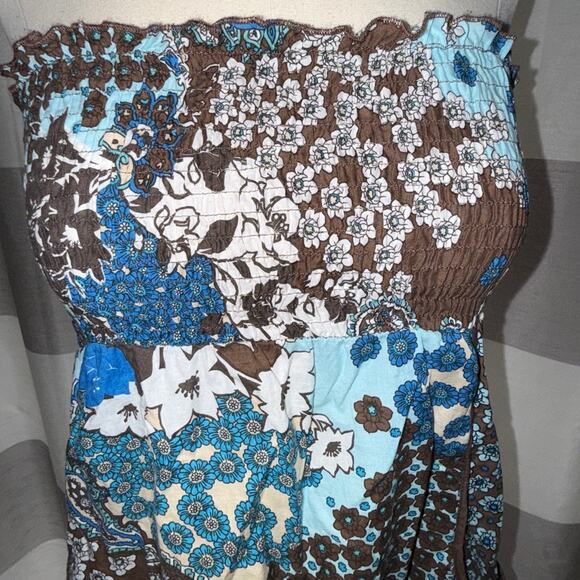 Vtg Y2k TOPSON DOWNS Brown Blue Paisley Boho Strapless Tube Dress Cotton L - Picture 2 of 11